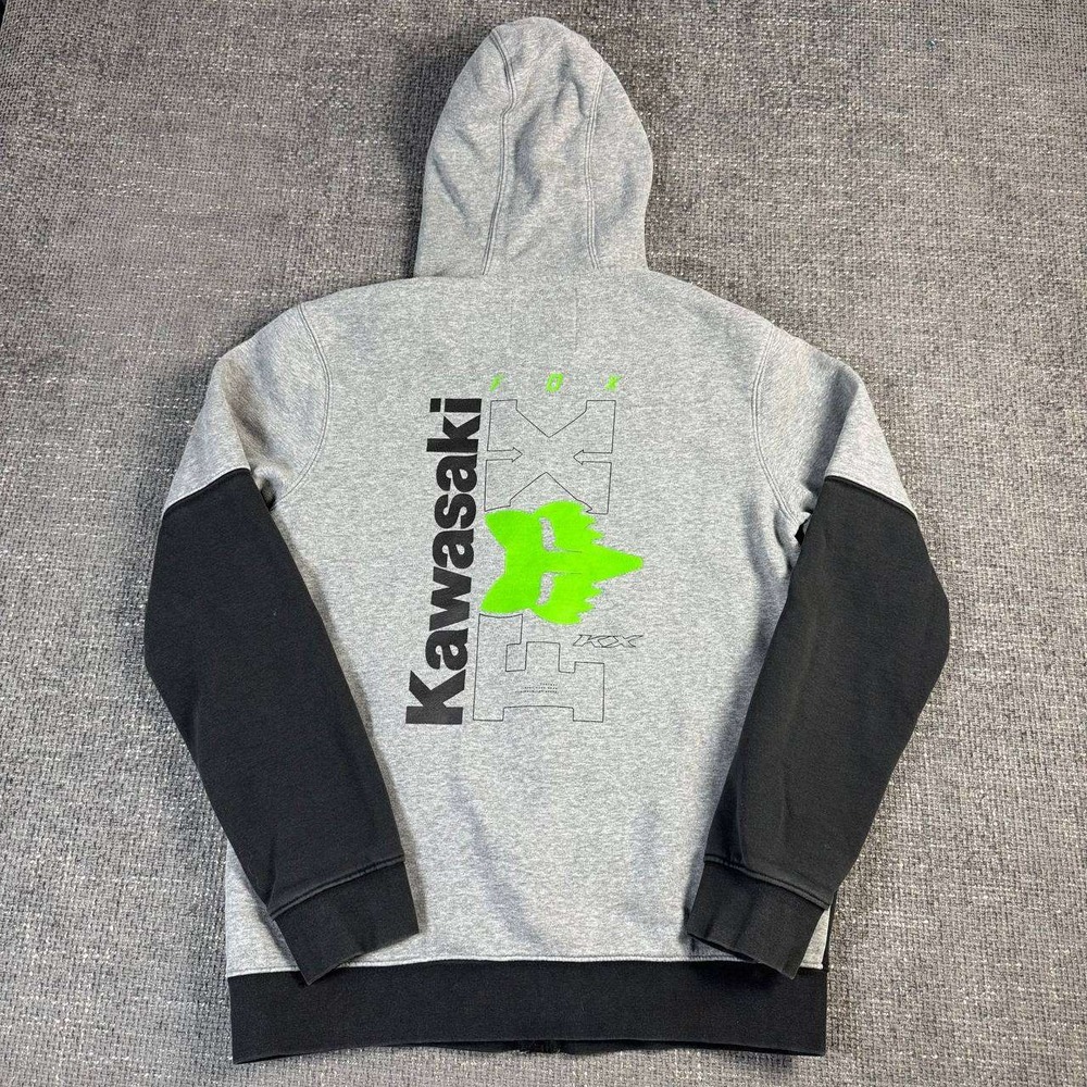 Kawasaki Racing Full Zip Hoodie Mens Medium Grey Black Colorblock Moto Graphic